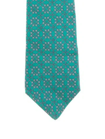 Pre-owned Hermes Silk Printed Tie In Green