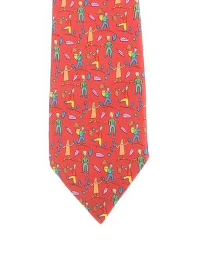 Pre-owned Hermes Silk Printed Tie In Red