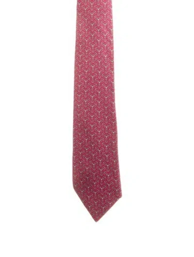 Pre-owned Hermes Silk Printed Tie  W/tags In Red