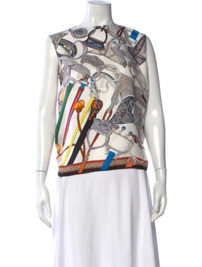 Pre-owned Hermes Silk Printed Top In White