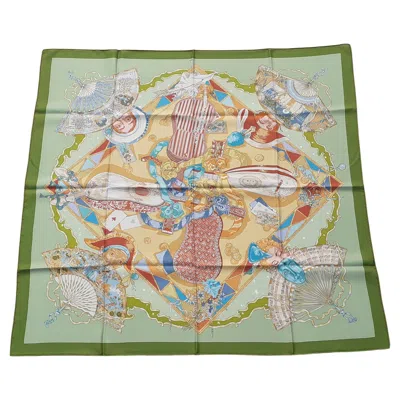 Pre-owned Hermes Hermès Silk Scarf Au Clair De La Lune Mon Ami Pierrot Sandra Laroche Green 90 Cm