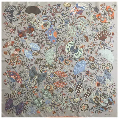 Pre-owned Hermes Hermès Silk Scarf “fleurs Et Papillons De Tissus” 2013 In Gray