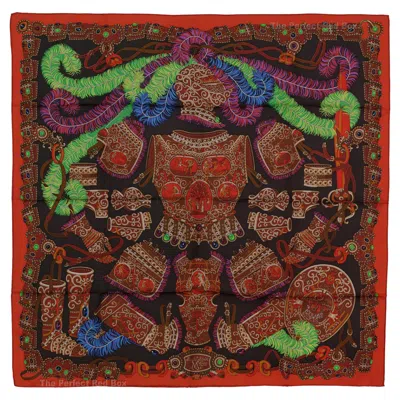 Pre-owned Hermes Silk Scarf - Sous L Egide De Mars - Red Dark Taupe Green - Mint