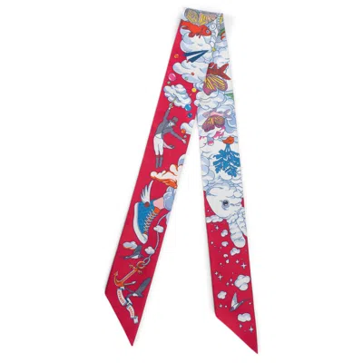 Pre-owned Hermes Silk Sur Mon Nuages Twilly Scarf Fuchsia Bleu Multicolore In Gray