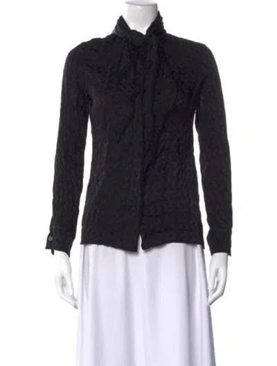 Pre-owned Hermes Silk Tie Neck Button-up Top In Black
