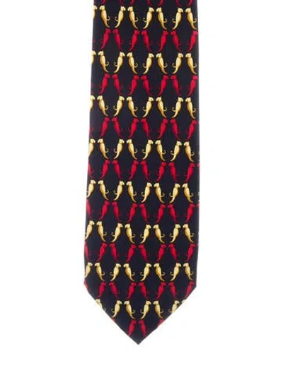 Pre-owned Hermes Silk Tie With Birds Pattern Prints In Black
