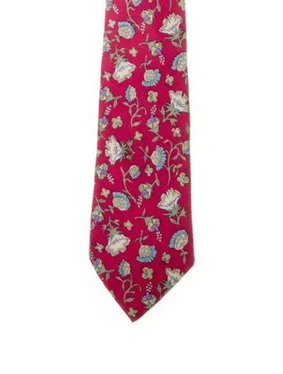 Pre-owned Hermes Silk Tie With Floral Pattern Prints In Red