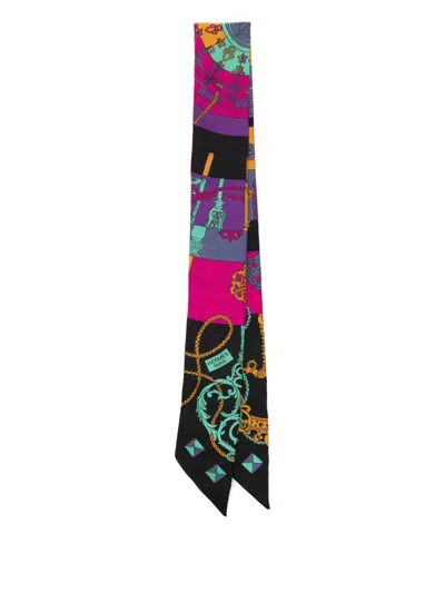 Pre-owned Hermes Silk Tours De Cles Twilly Noir Fuchsia Vert In Black