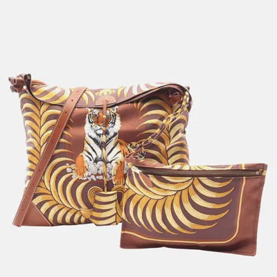 Pre-owned Hermes Silky City Pm Tigre Royal Brown Silk Leather Shoulder Bag