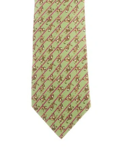 Pre-owned Hermes Sillk Monkey Pattern Print Tie In Green