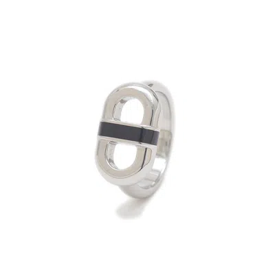 Pre-owned Hermes Silver Black Lacquer Stainless Steel Band Ring () In Multi