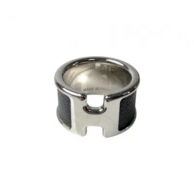 Pre-owned Hermes Silver Black Leather Metal Band Ring () In Silver, Black
