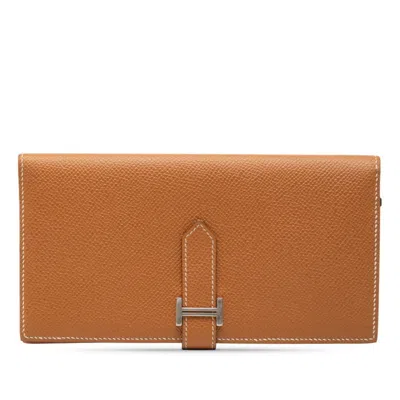 Pre-owned Hermes Silver Brown Cognac Epsom Leather Long Wallet (bi-fold) () In Silver, Brown, Cognac