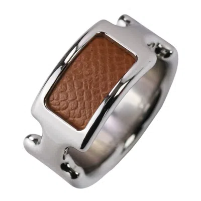 Pre-owned Hermes Silver Brown Leather Metal Band Ring ()