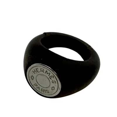 Pre-owned Hermes Silver Brown Metal Wood Band Ring ()