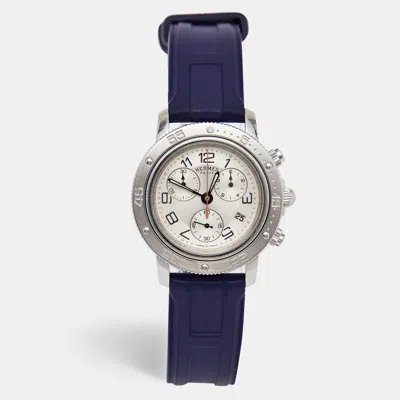 Pre-owned Hermes Silver Clipper Stainless Steel Rubber Cp2.410 Women's Wristwatch 36 Mm
