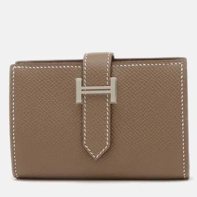 Pre-owned Hermes Silver Epson Etoupe Bearn Mini Business Card Holder/card Case