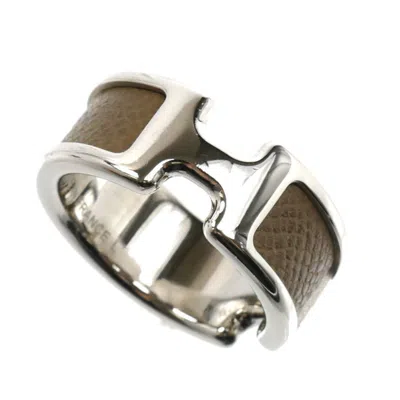 Pre-owned Hermes Silver Etoupe Gray Gold Plating Leather Band Ring () In Silver, Etoupe Gray