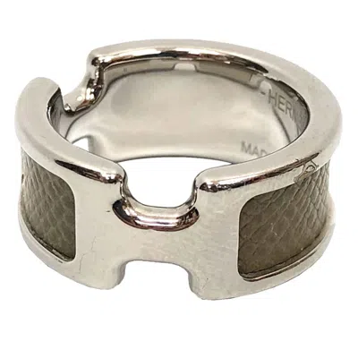 Pre-owned Hermes Silver Etoupe Gray Leather Metal Band Ring ()