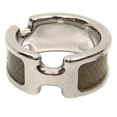 Pre-owned Hermes Silver Etoupe Gray Leather Metal Band Ring () In Silver, Etoupe Gray
