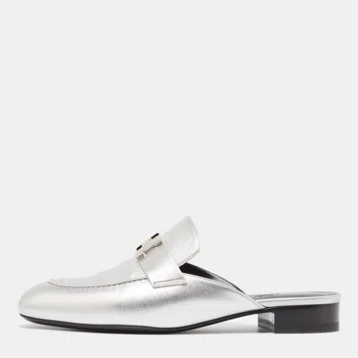 Pre-owned Hermes Silver Leather Trocadero Mules Size 38