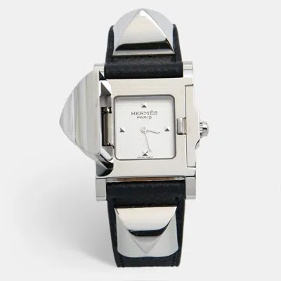 Pre-owned Hermes Silver Stainless Steel Leather Medor W028322ww00 Women's Wristwatch 23 Mm