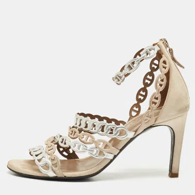 Pre-owned Hermes Silver/beige Leather And Suede Chaine D'ancre Ankle Strap Sandals Size 37.5
