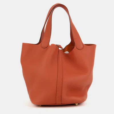 Pre-owned Hermes Size 22 Terre Battue Color Leather Gold Picotin Tote Bag In Brown