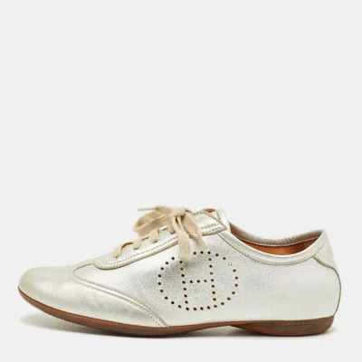 Pre-owned Hermes Size 38 Silver Leather Pewter Perforated H Lace Up Sneakers