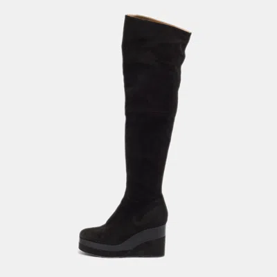 Pre-owned Hermes Size 38.5 Black Leather And Suede Platform Wedge Knee Length Boots