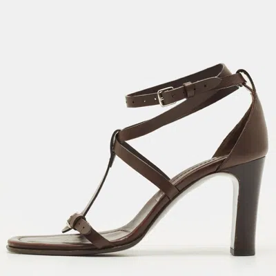 Pre-owned Hermes Hermès Size 39.5 Dark Brown Leather Ankle Strap Sandals