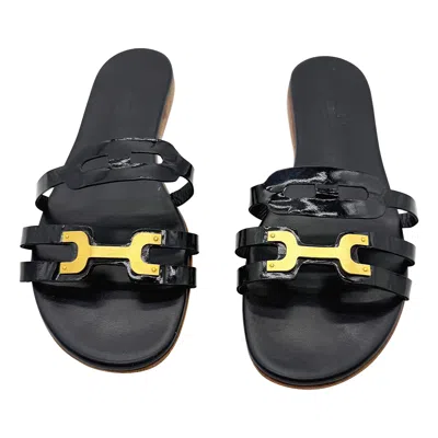 Pre-owned Hermes Size 40 /9 - 9.5 Black Patent Leather Gold 2000s Sandals Shoes Y2k Slides