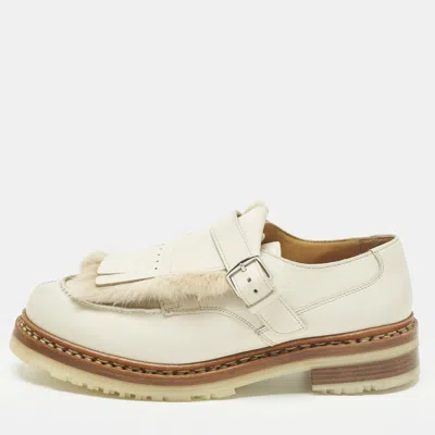 Pre-owned Hermes Size 40 Cream Leather And Mink Fur Derby In White