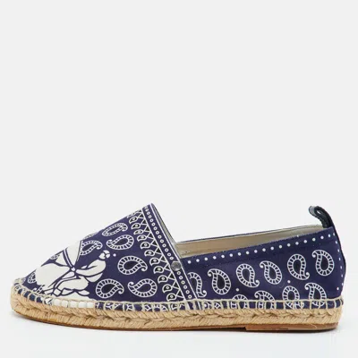 Pre-owned Hermes Size 41 Navy Blue/white Printed Canvas Espadrille Flats