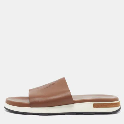 Pre-owned Hermes Size 44 Brown Leather Reflex H Logo Flat Slides