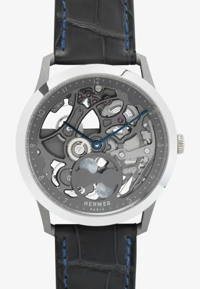 Pre-owned Hermes Slim D' Squelette Lune Graphite Matte Alligator Strap - 39.5 Mm In Gray