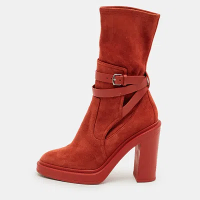 Pre-owned Hermes Slouch Size 38 Red Leather And Suede Ankle Length Boots