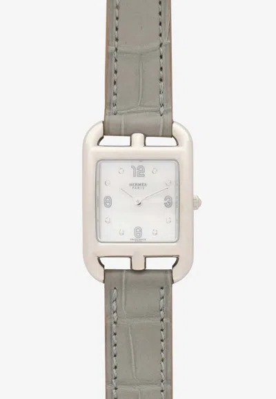 Pre-owned Hermes Small Cape Cod 31mm Watch In Matte Alligator Double Tour Strap In Gris Perle