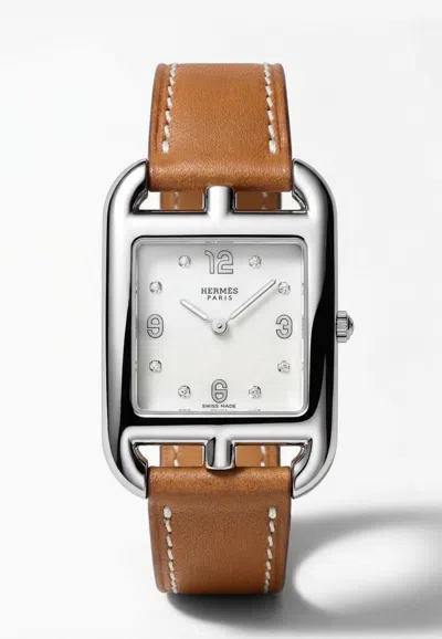 Hermes Small Cape Cod Watch 31mm In Naturel Barenia Double Tour Strap In Purple