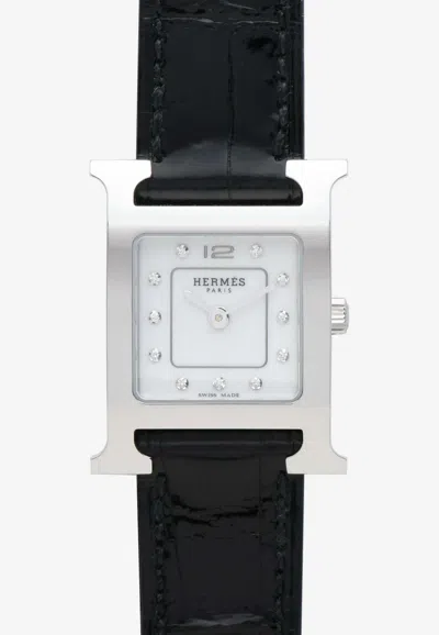 Hermes Small Heure H 25mm Watch In Black Shiny Alligator Single Tour Strap In Silver
