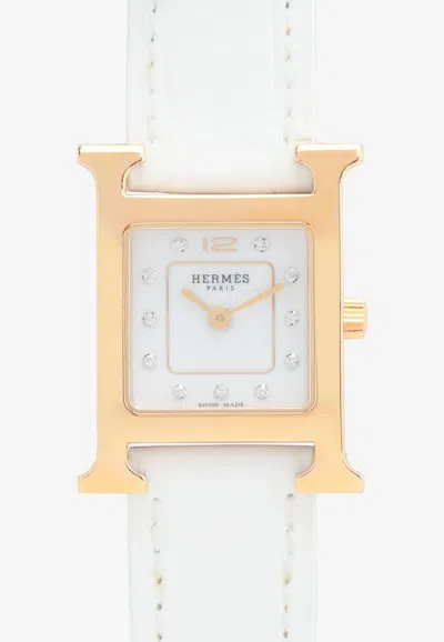 Pre-owned Hermes Small Heure H 25mm Watch In Chantilly Matte Alligator Single Tour Strap In Gold