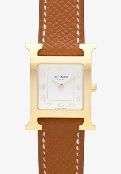Hermes Small Heure H 25mm Watch In Gold Chestnut Epsom Single Tour Strap