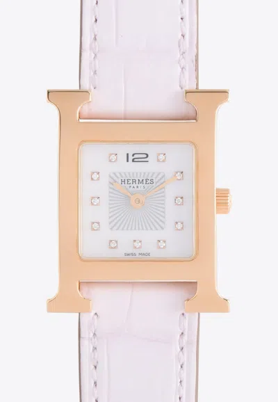 Pre-owned Hermes Small Heure H 25mm Watch In Mauve Pale Matte Alligator Single Tour Strap With Rose Gold Case