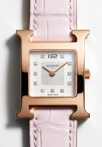 Hermes Small Heure H 25mm Watch In Mauve Pale Matte Alligator Single Tour Strap With Rose Gold Case In White