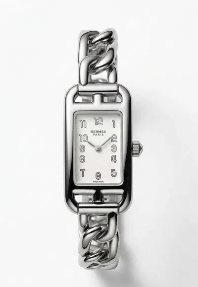 Hermes Small Nantucket 29mm Watch In Matte Alligator Single Tour Strap With Steel Chain Bracelet In White