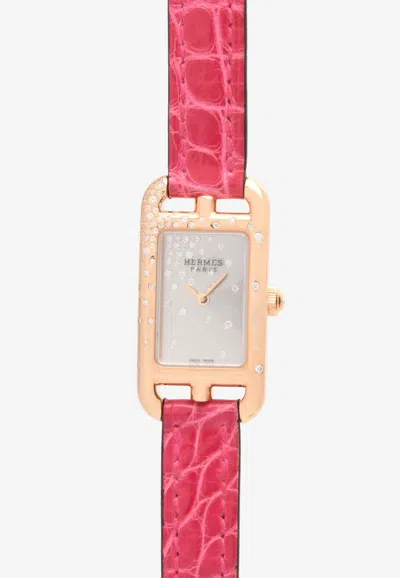 Pre-owned Hermes Small Nantucket 29mm Watch In Shiny Alligator Single Tour Strap With Sprinkled Diamond Bezel In Pink