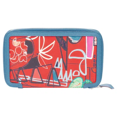 Pre-owned Hermes Soie Cool Azap Red Geometric Print Silk Blue Leather Zip Around Wallet