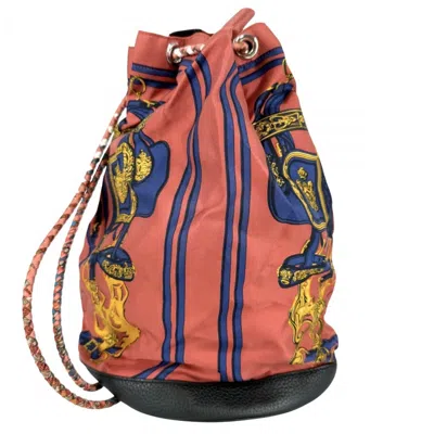 Pre-owned Hermes Soie Cool Brown Gold Silk Leather Backpack Shoulder Bag () In Brown, Gold