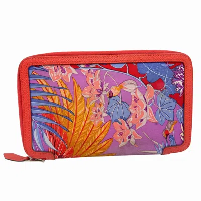 Pre-owned Hermes Soie Cool Rose Jaipur Silk Leather Long Wallet (bi-fold) ()