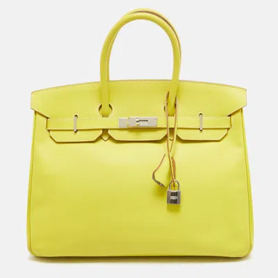 Pre-owned Hermes Soufre/gris Perle Epsom Leather Palladium Finish Birkin 35 Bag In Yellow